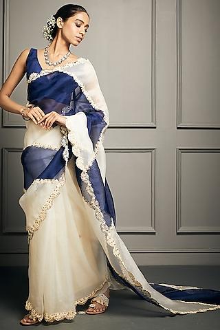 blue & white embroidered saree set