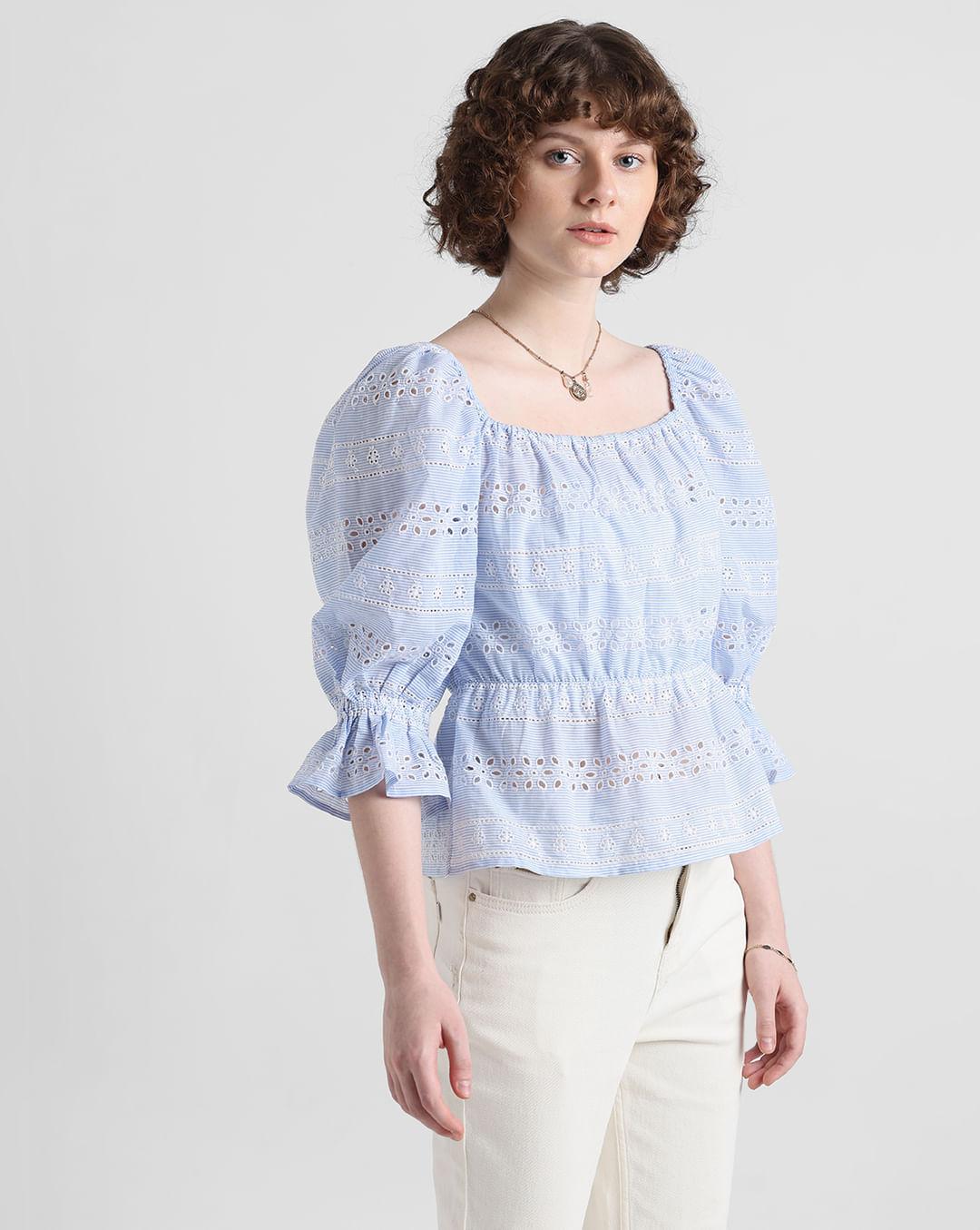 blue & white embroidered top