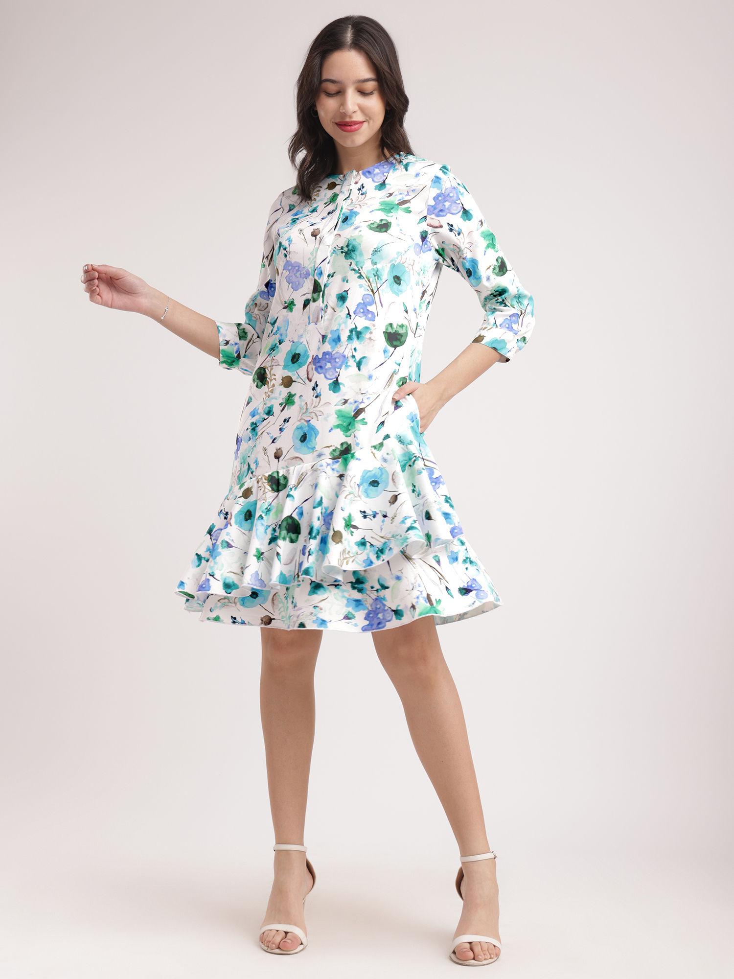 blue & white floral a-line dress