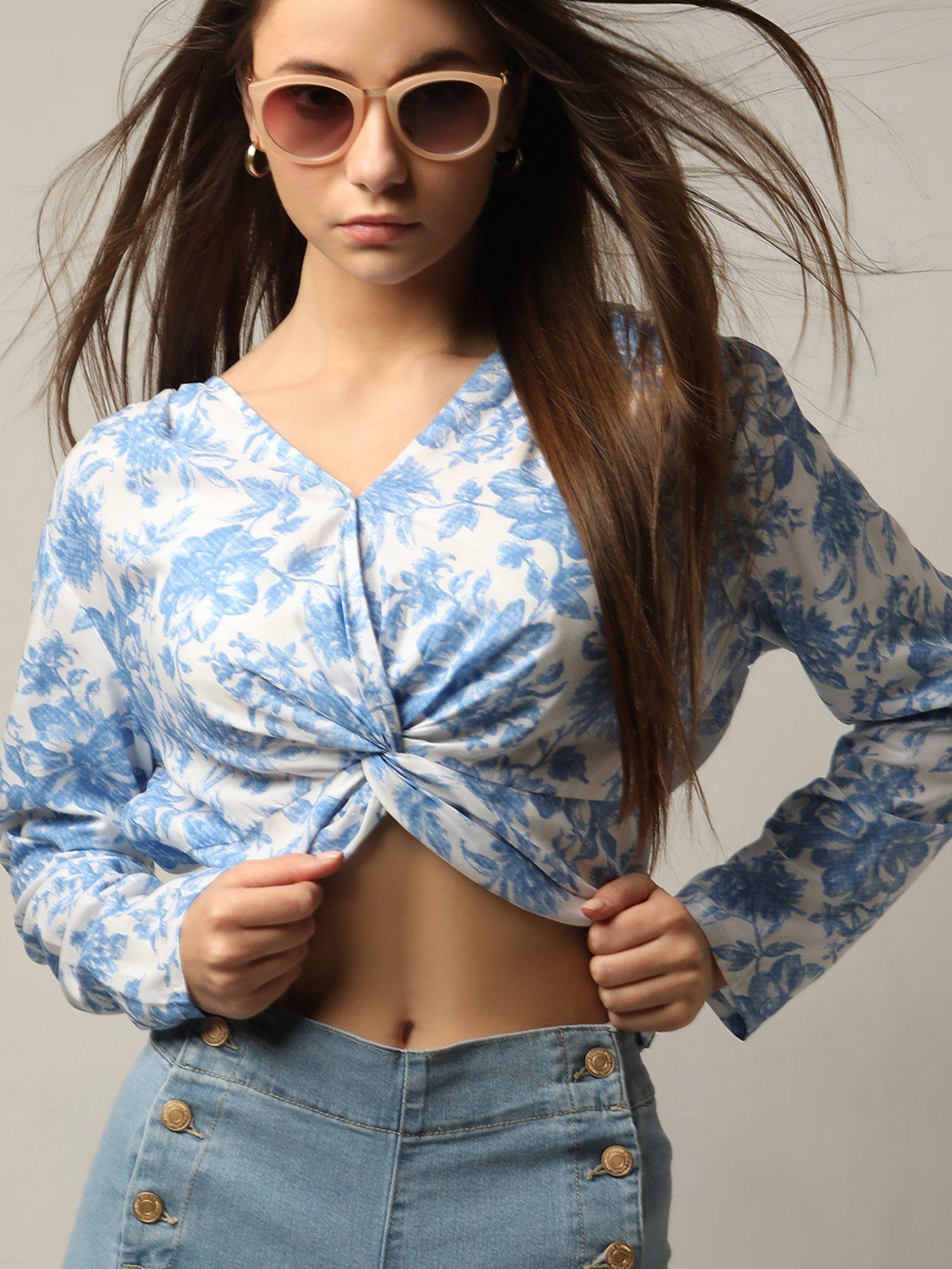 blue & white floral print cropped top