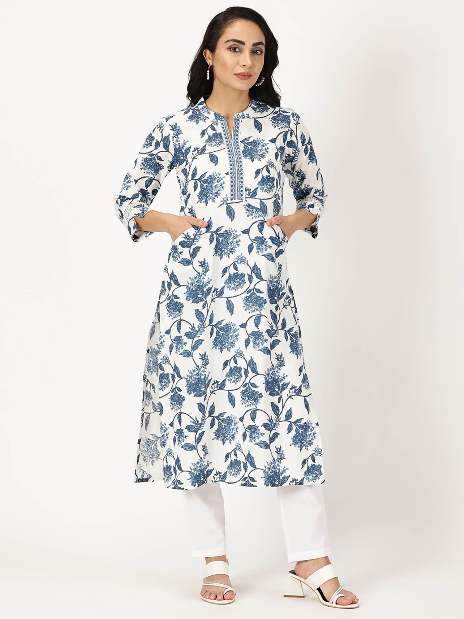 blue & white floral print kurta with neck embroidery