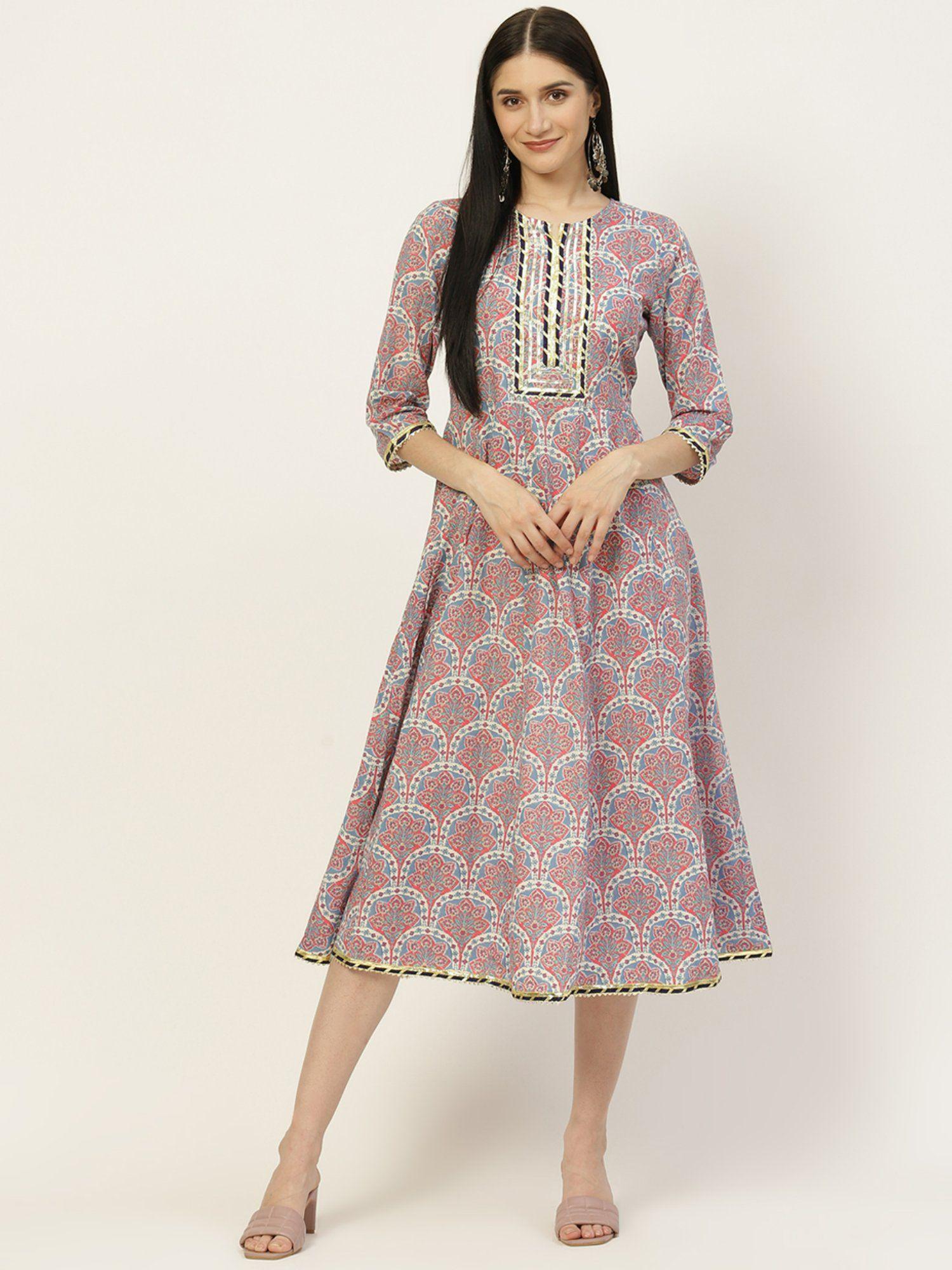 blue & white floral printed anarkali dress