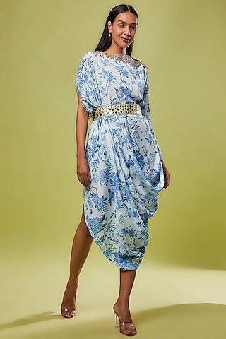 blue & white muslin floral printed & embellished draped dress