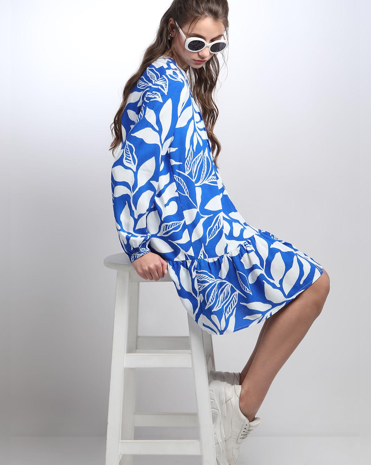 blue & white printed shift dress