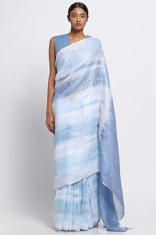 blue & white pure linen tie-dye saree