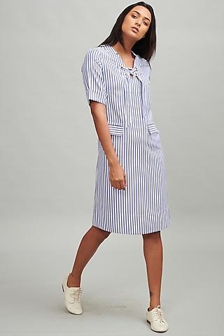 blue & white striped midi dress