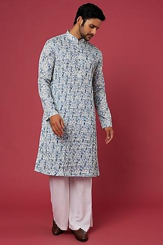 blue & white tie-dyed printed kurta set