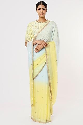blue & yellow embroidered saree set