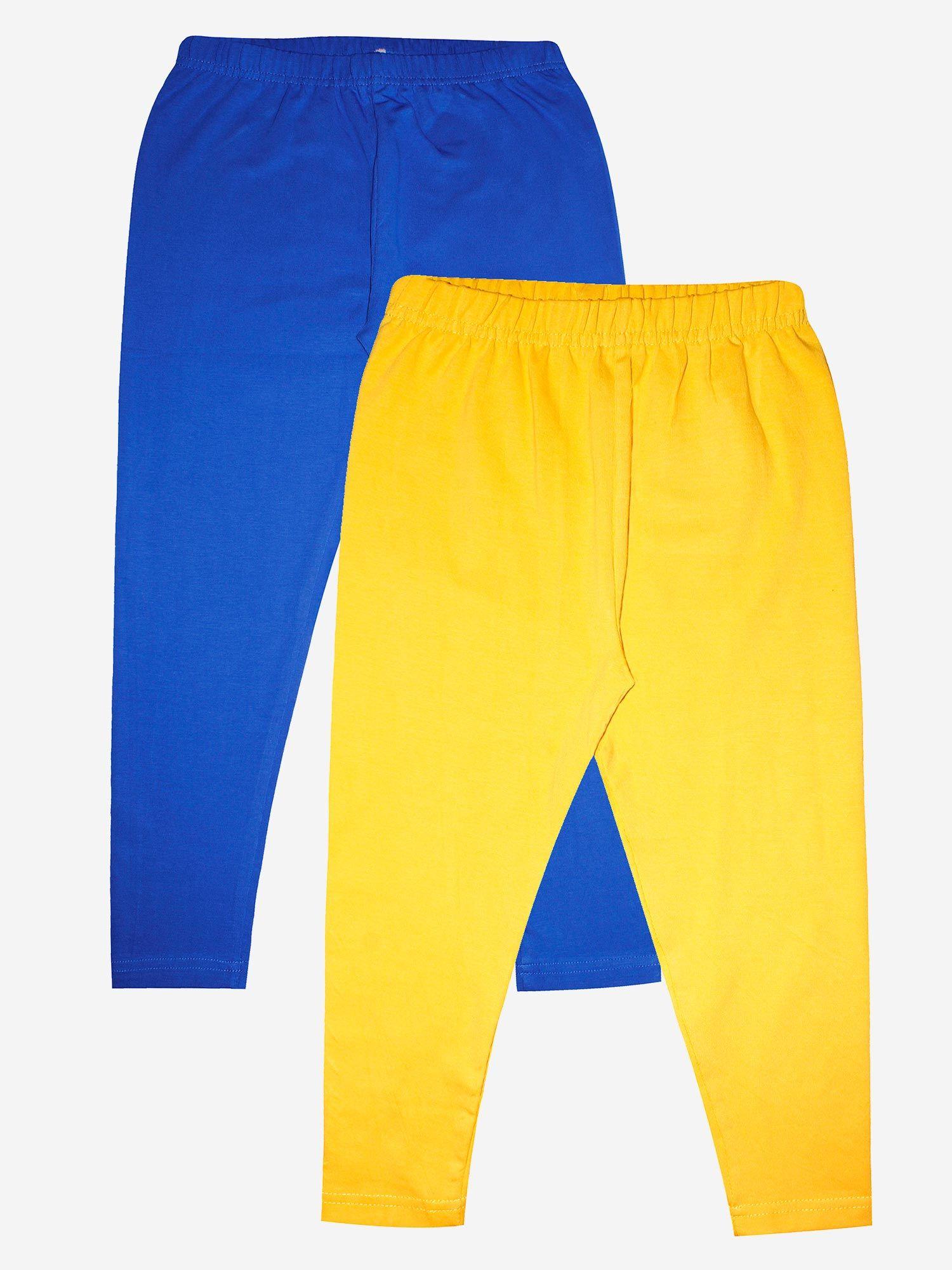 blue & yellow girls solid ankle length lycra legging (pack of 2)