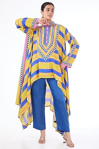 blue & yellow habutai silk digital printed cape set