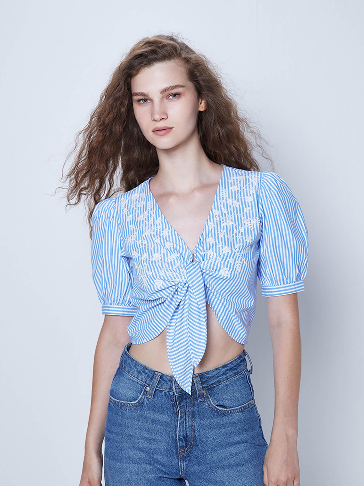 blue- stripes tie-up crop top