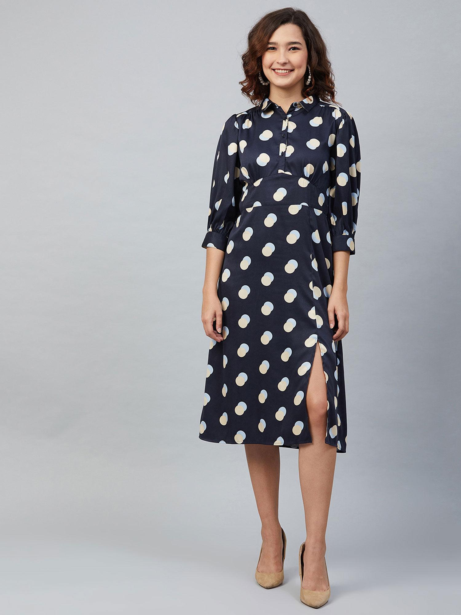 blue a-line polka dots midi dress