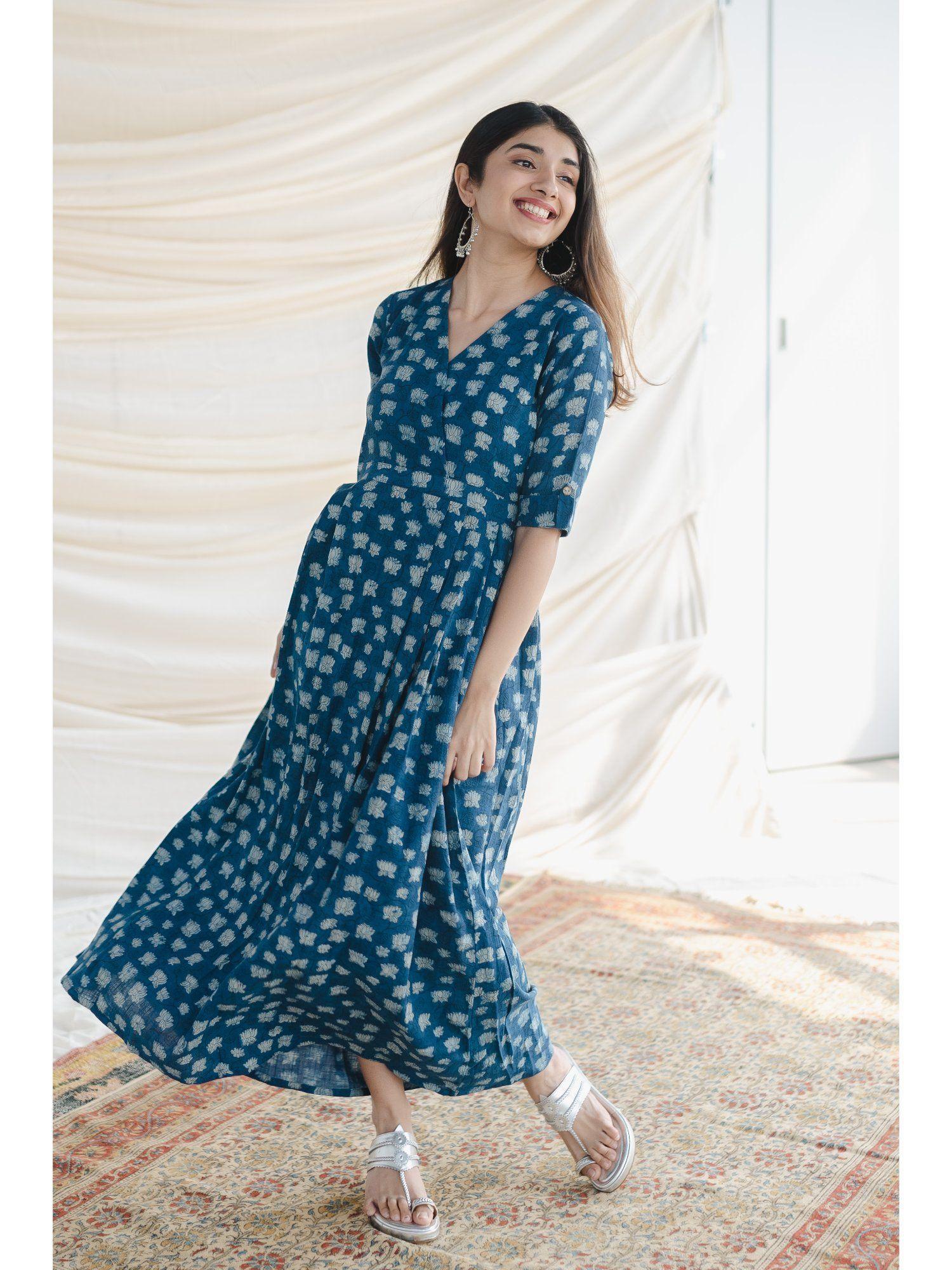 blue a-line slub cotton maxi dress