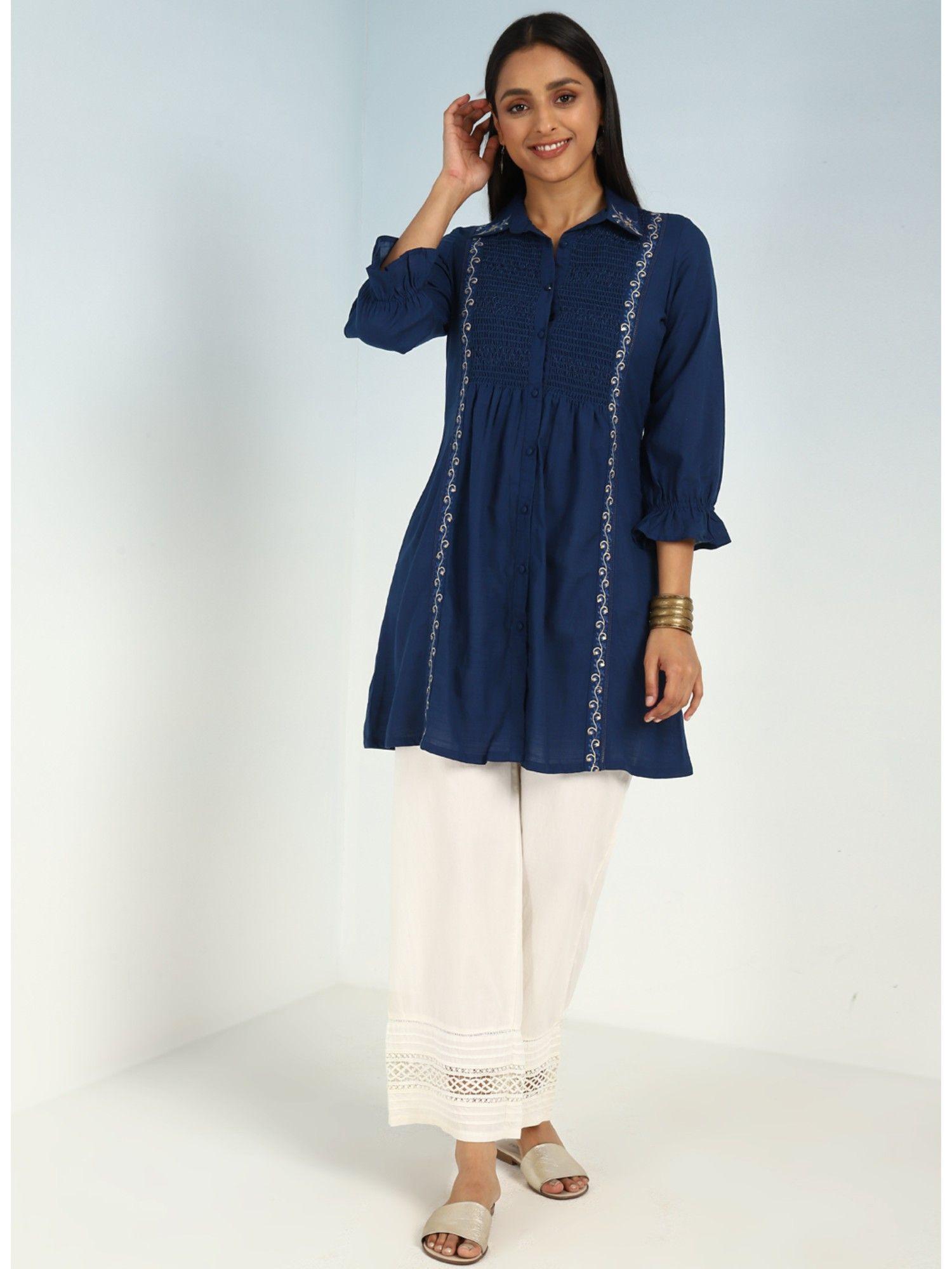 blue a line tunic with smocking front and classic collar