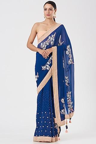 blue aari embroidered saree