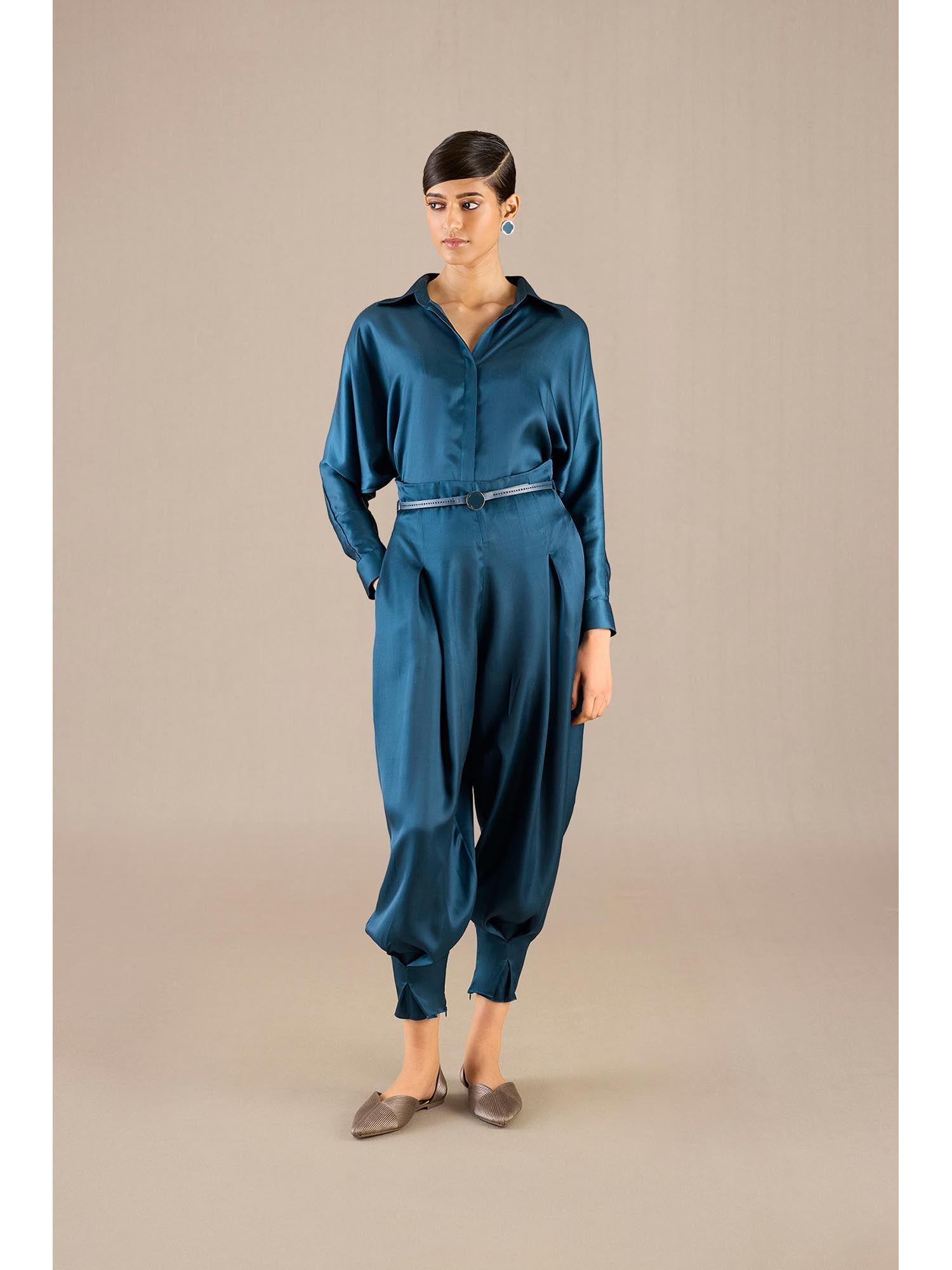 blue aarifa shirt with pant and belt (set of 3)