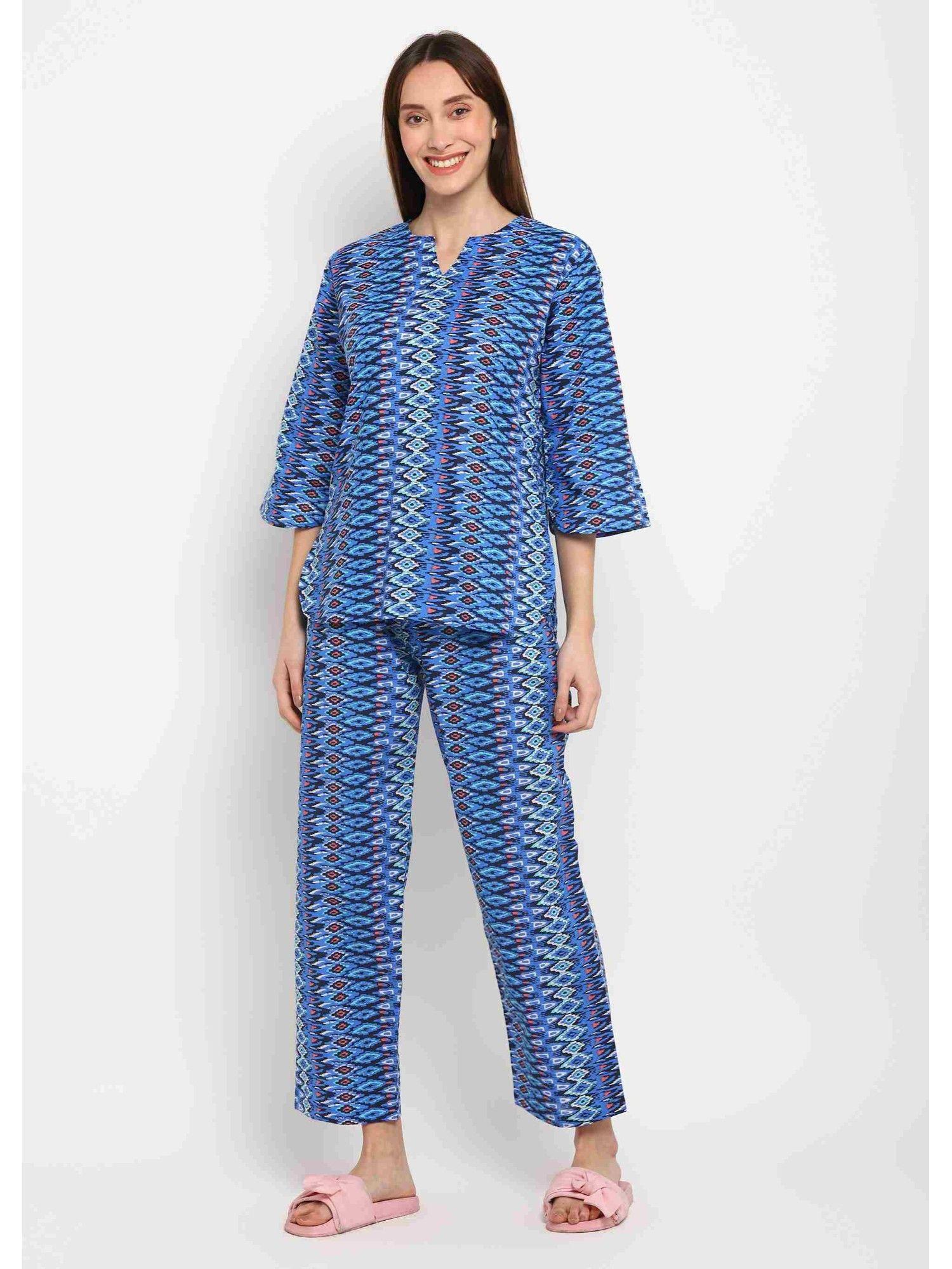 blue abstract print 3/4th sleeve womens night suit (set of 2)