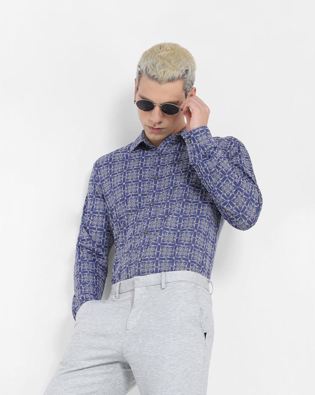 blue abstract print full sleeves shirt