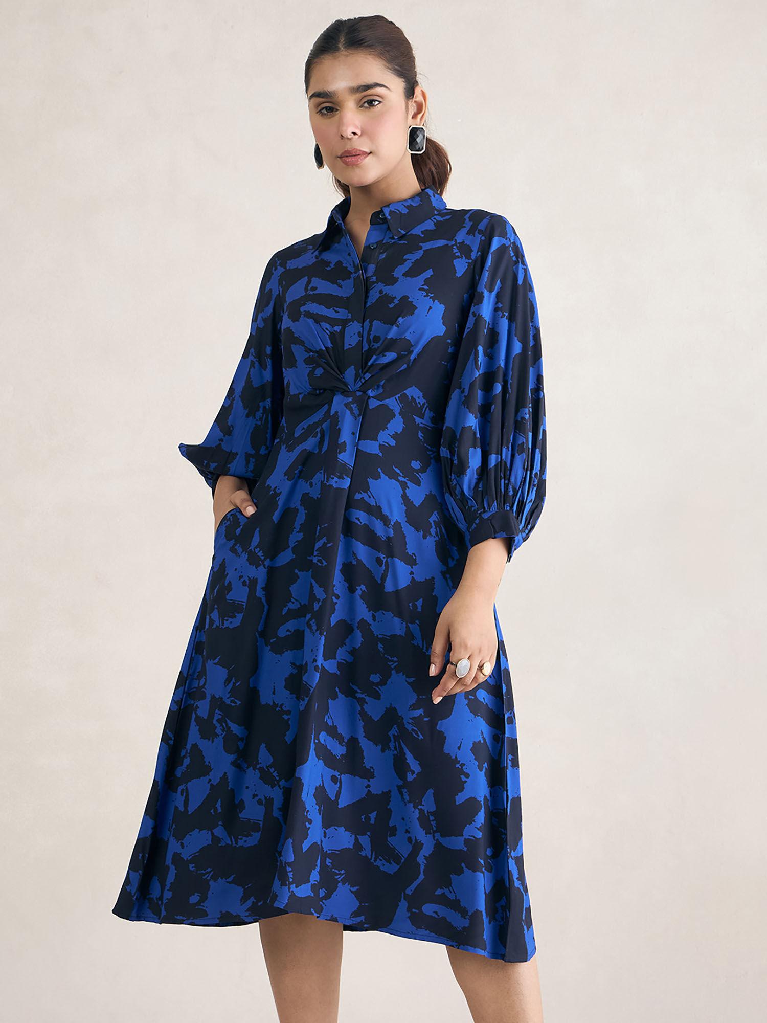 blue abstract printed shirt midi dresss