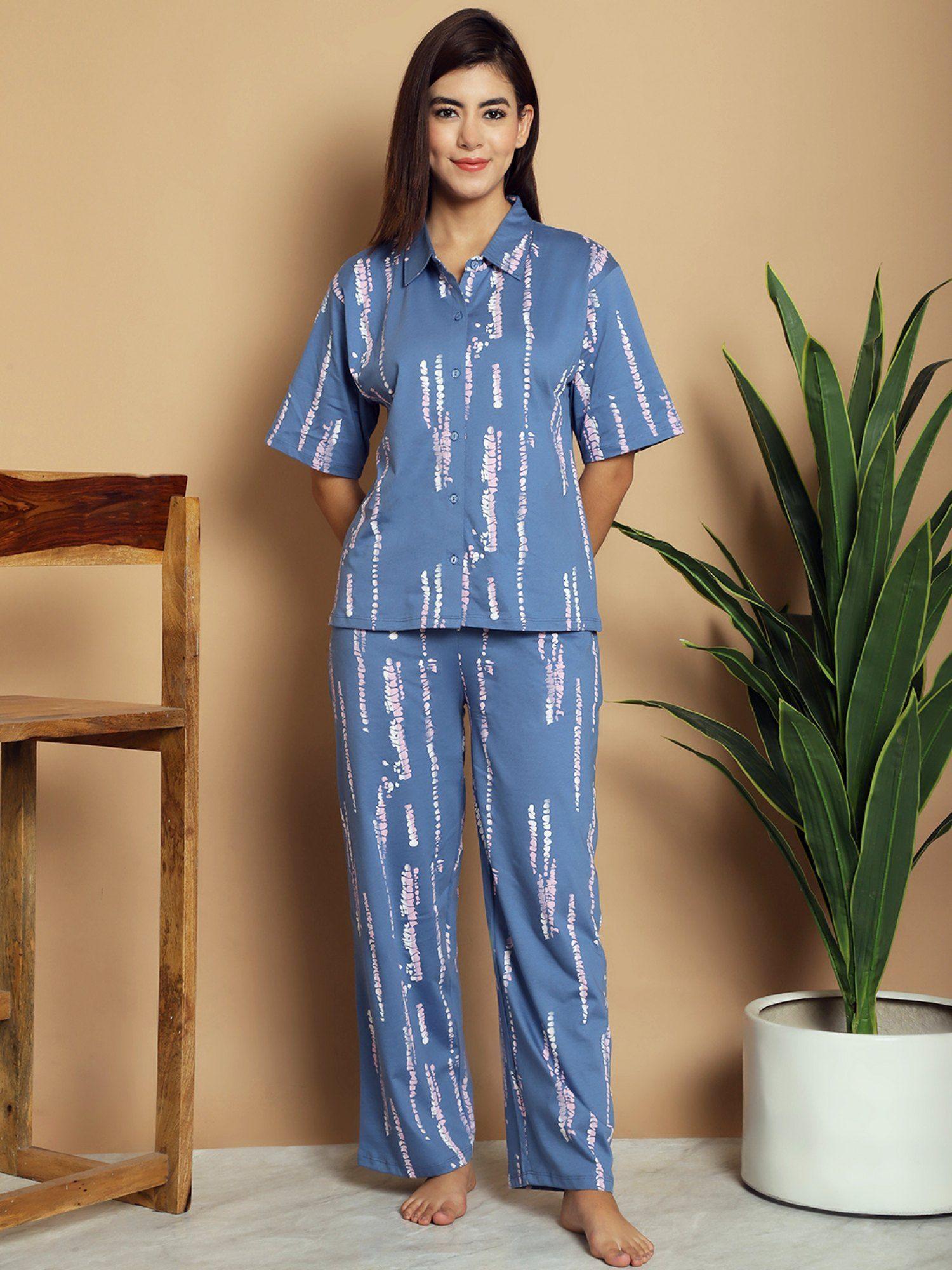 blue abstract printed short sleeves pure cotton night suit (set of 2)