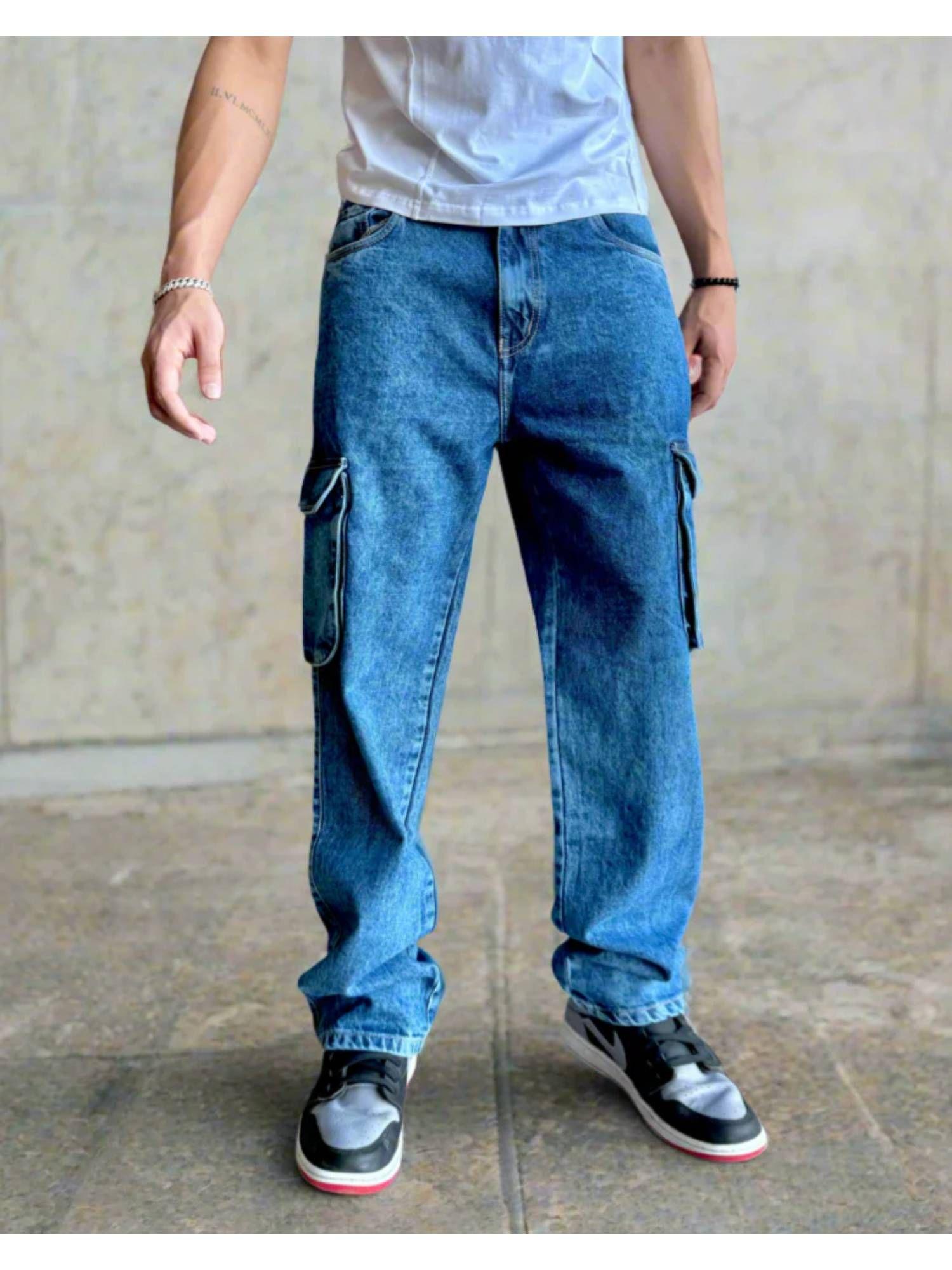 blue acid wash flap pocket side cargo jeans