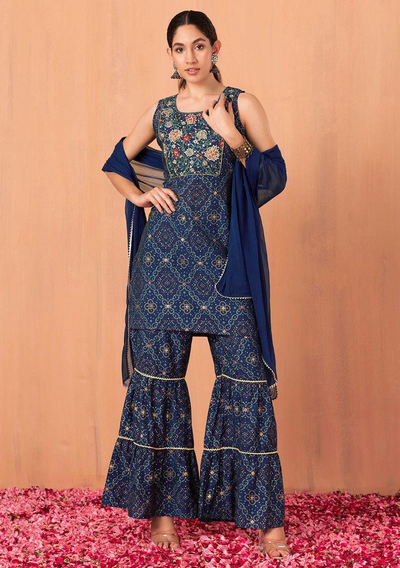 blue ajrakh print sharara with kurta and dupatta (set of 3)