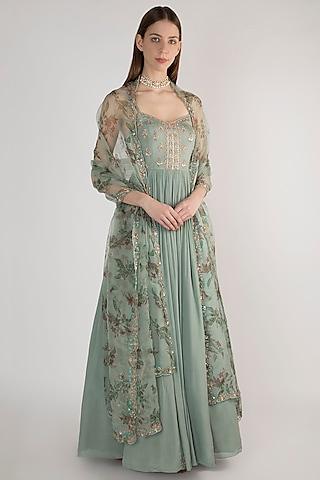 blue anarkali with floral printed dupatta