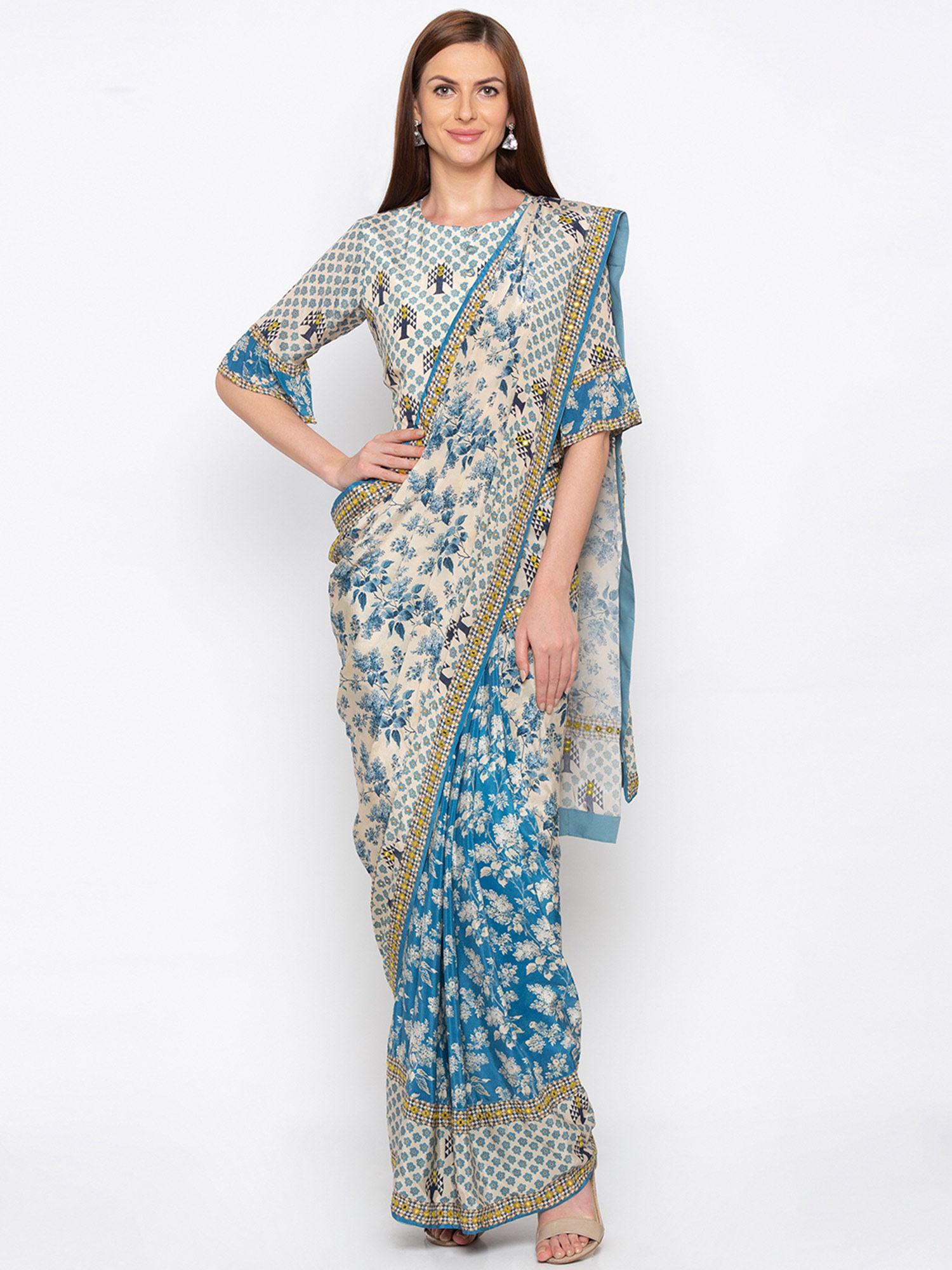 blue and beige printed saree with blouse - customisable