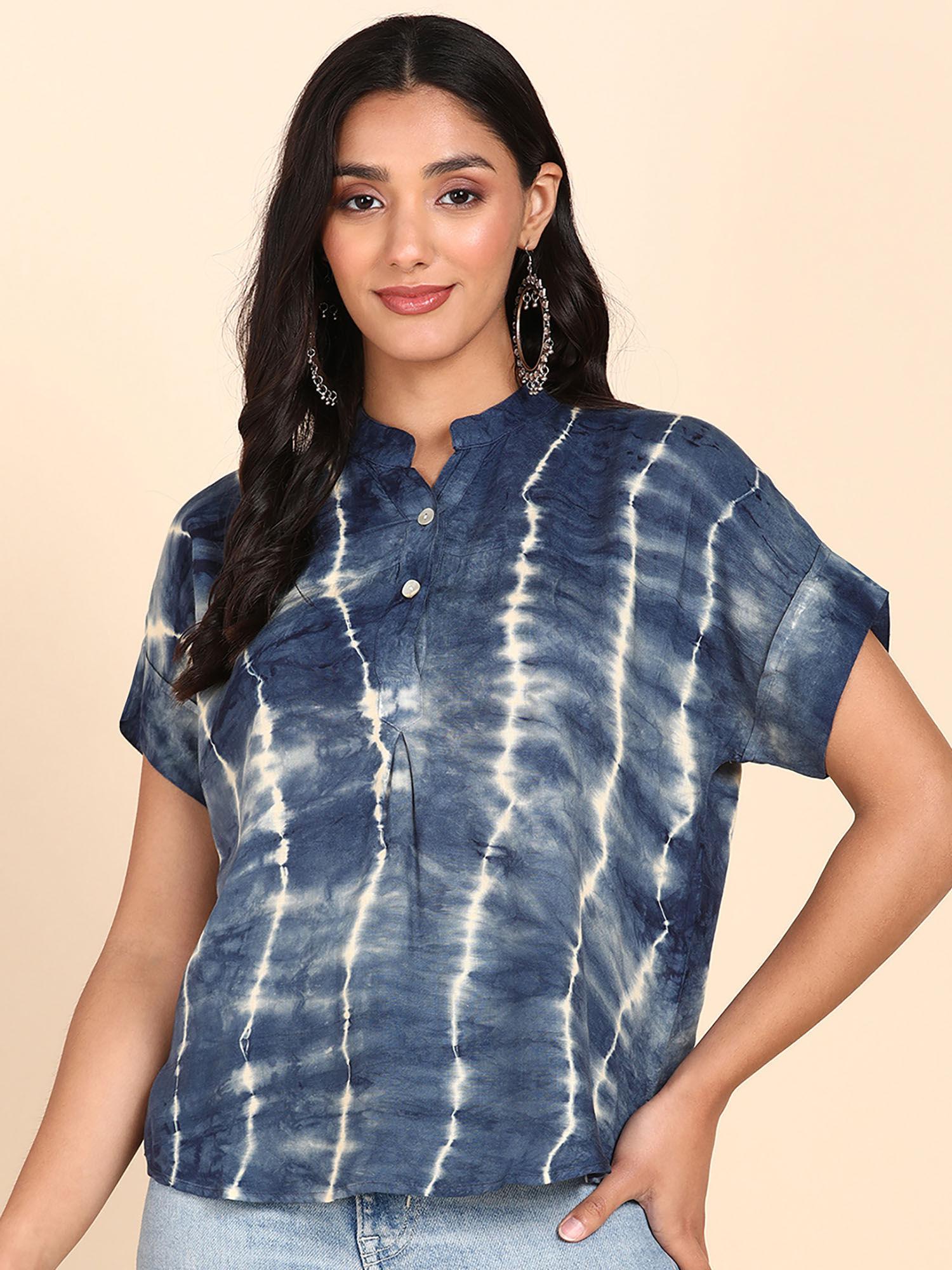 blue and beige rayon tie dye slub top