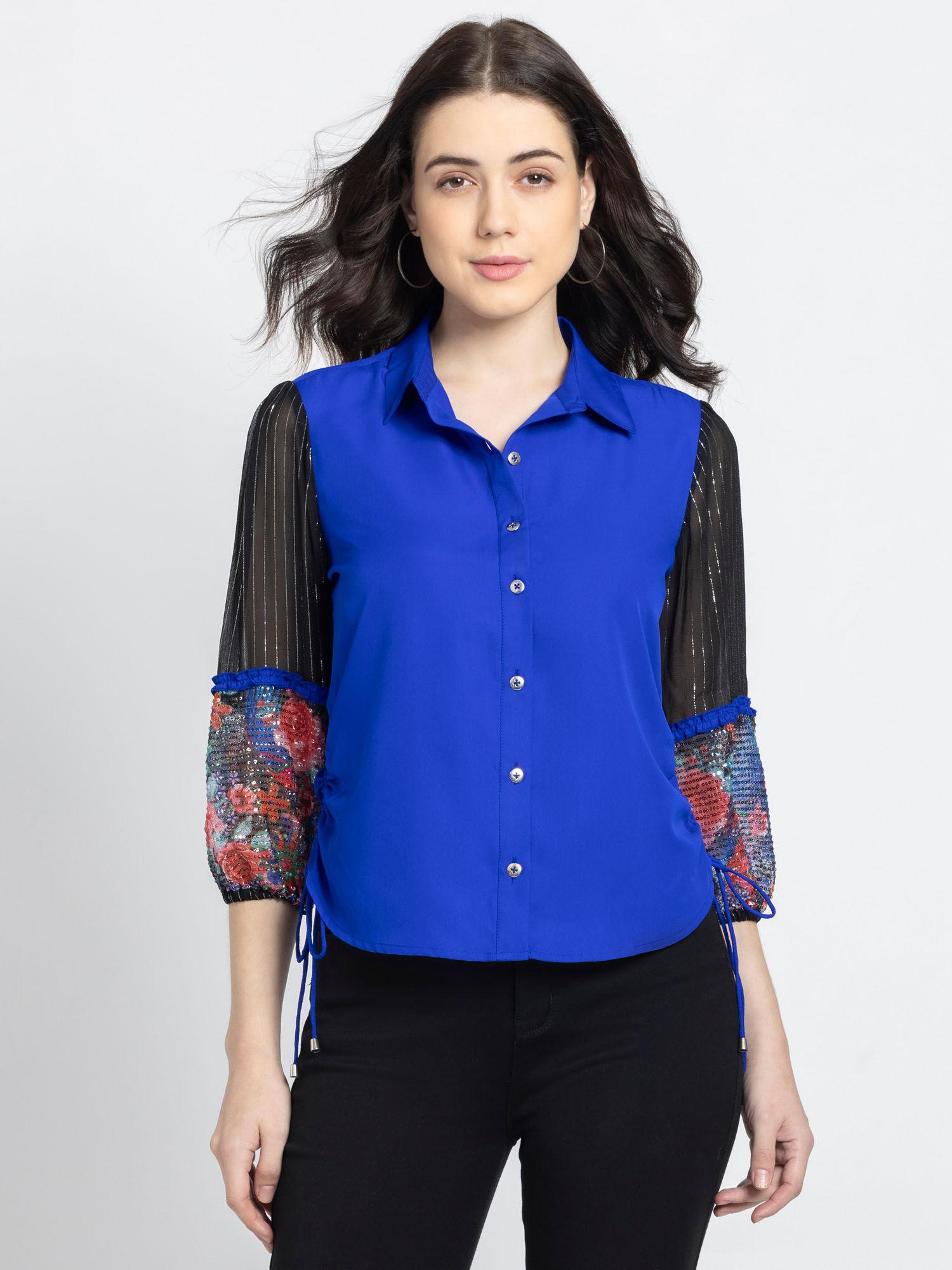 blue and black sequined three fourth sleeves party shirts for women