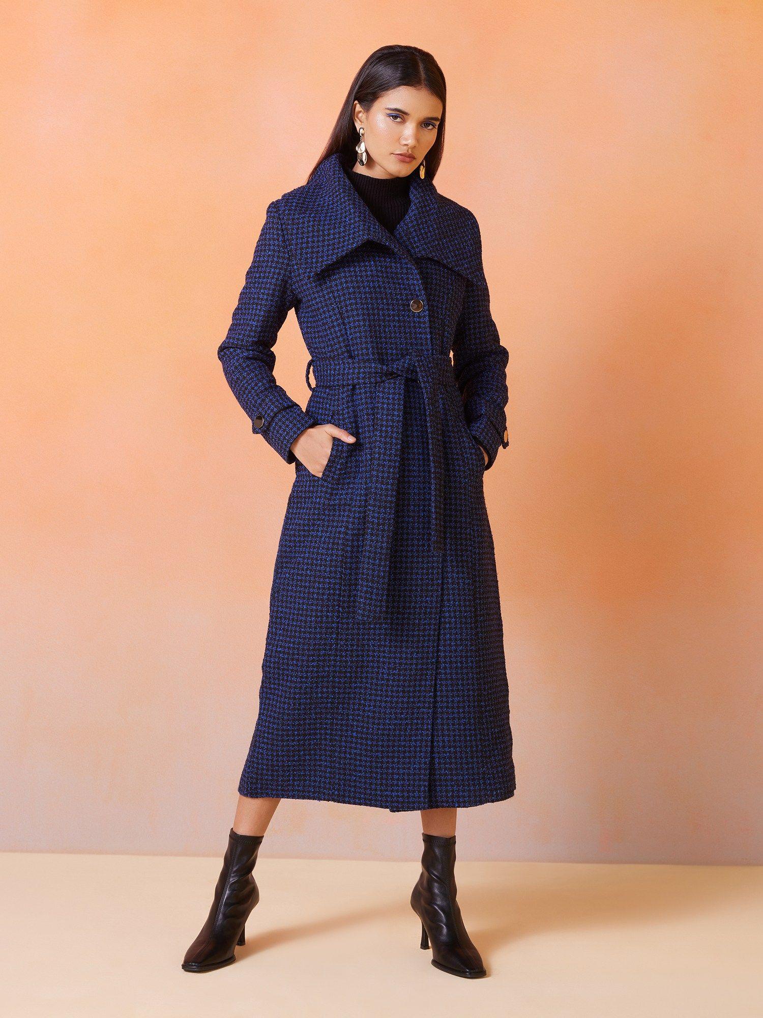 blue and black tweed single breasted long overcoat