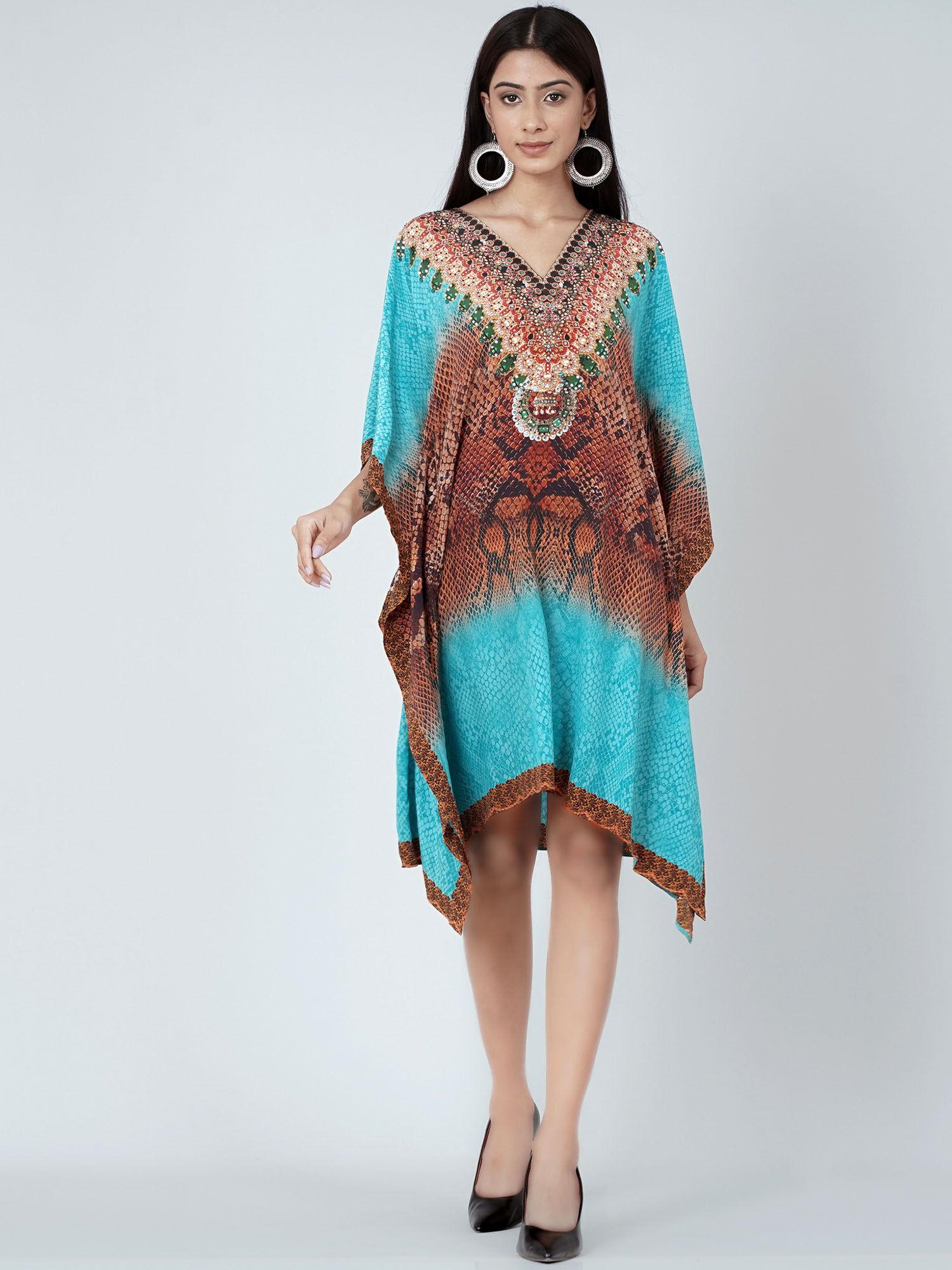 blue and brown python print silk kaftan tunic