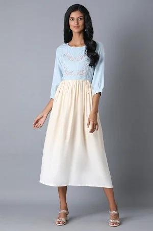 blue and ecru dress with pintucks