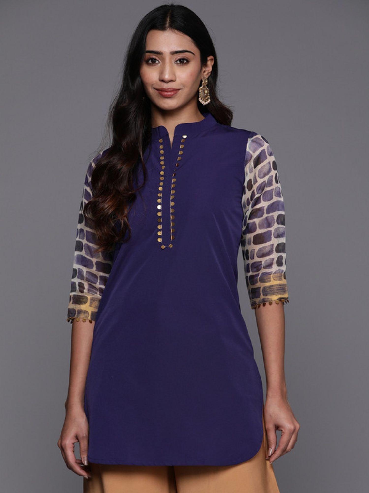 blue and gold-toned mandarin collar tunic