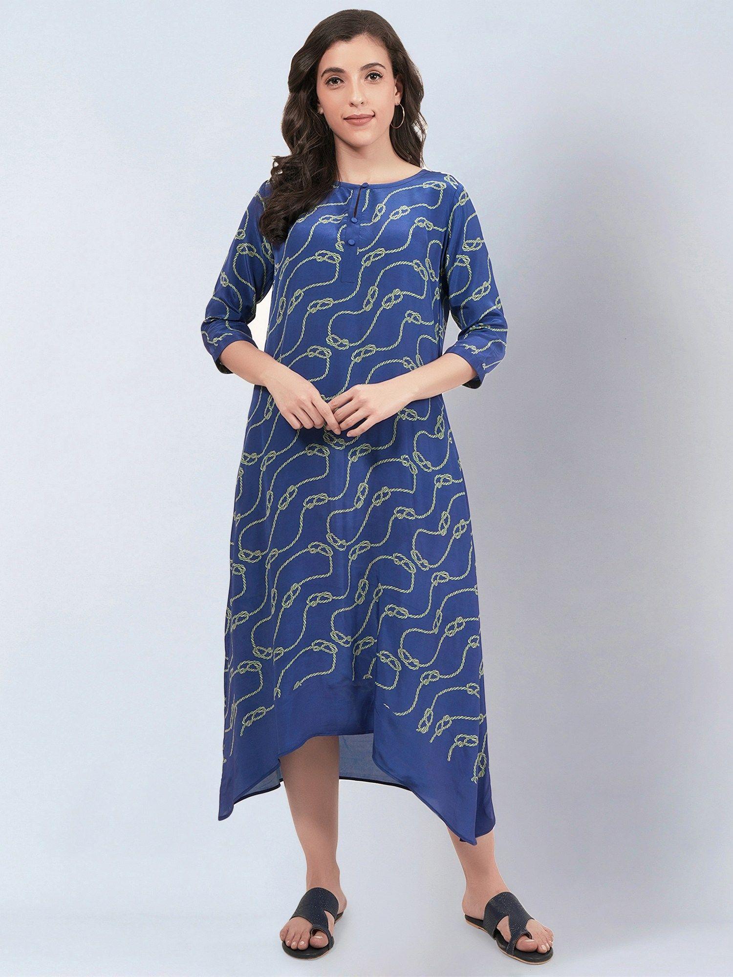 blue and green marine rope knot printed slimline kaftan dress
