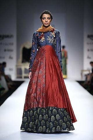 blue and maroon angrakha asymmetrical anarkali with printed skirt