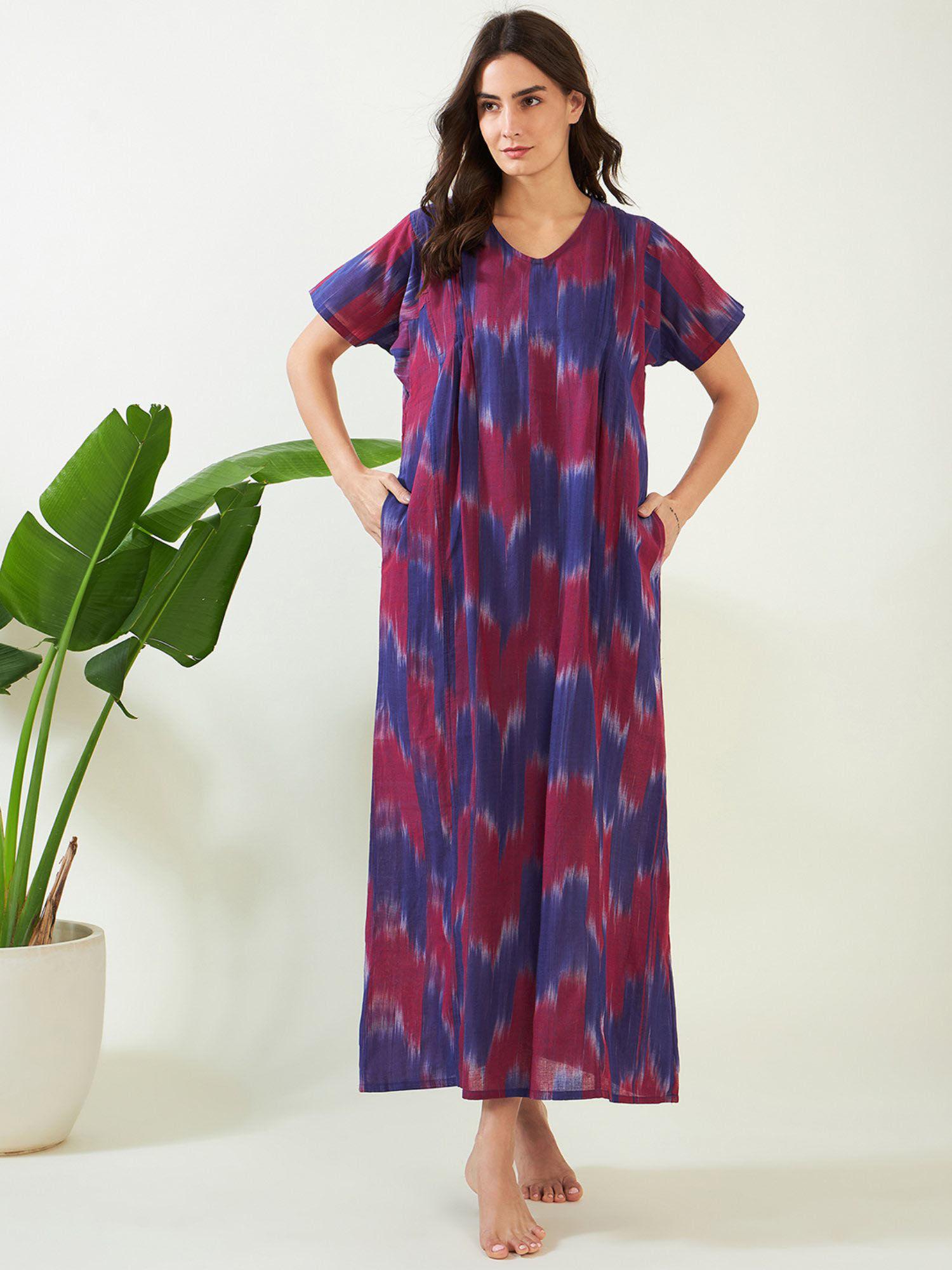 blue and mauve handloom ikat cotton nightdress