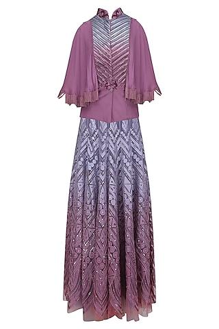 blue and mauve ombre skirt and textured cape shirt set