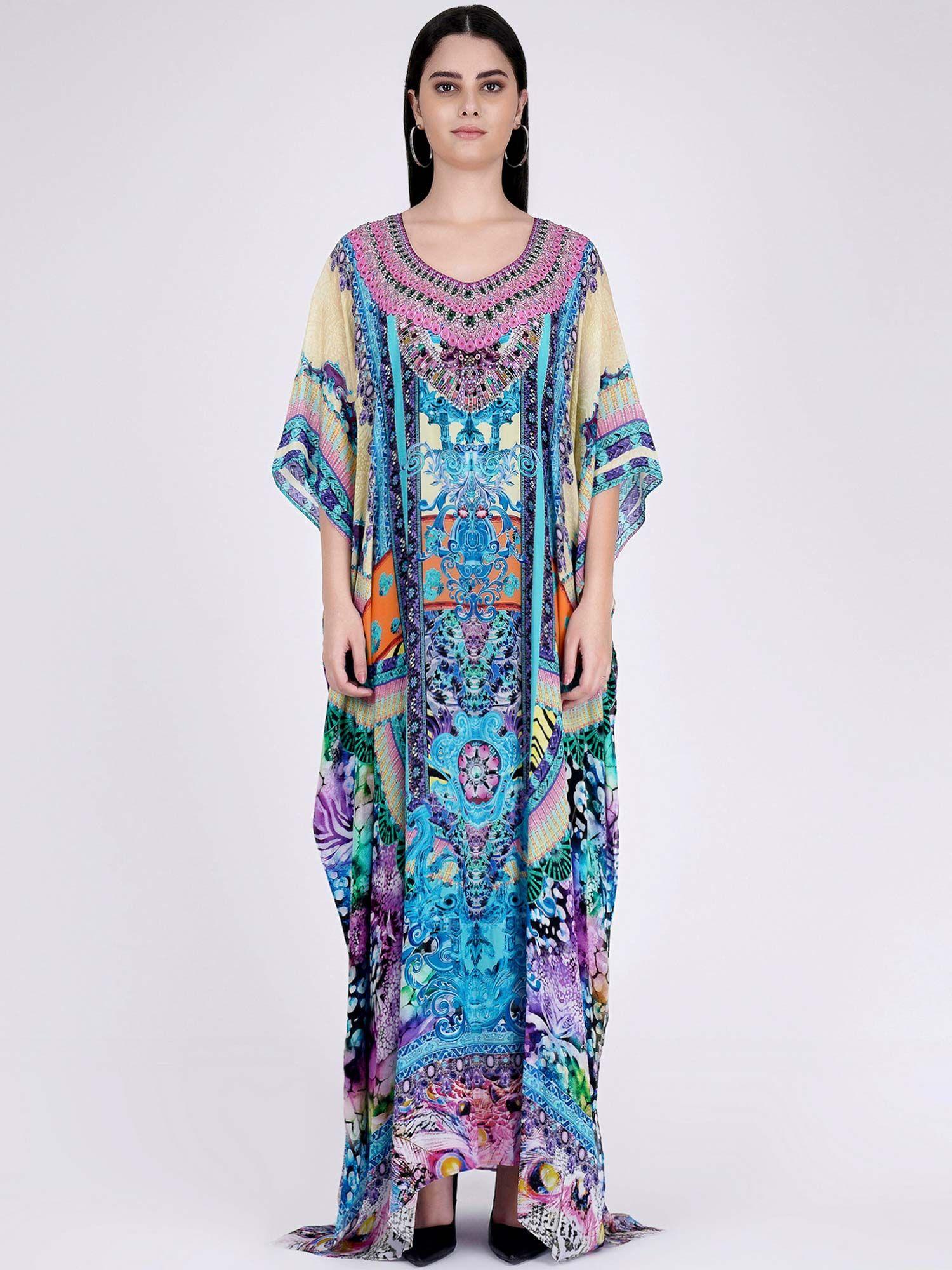 blue and pink abstract embellished silk full length kaftan