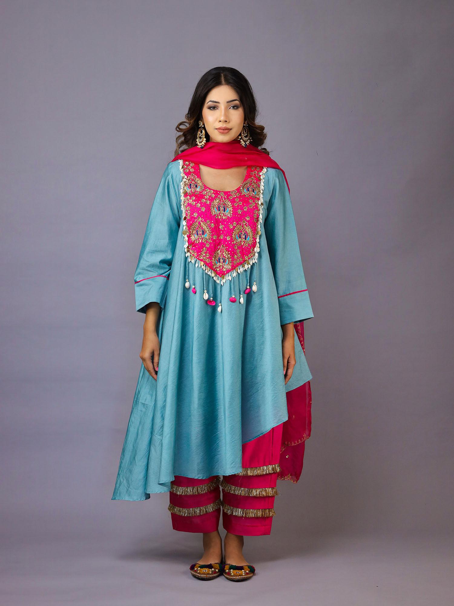 blue and pink chanderi silk kurta with pant and dupatta (set of 3)