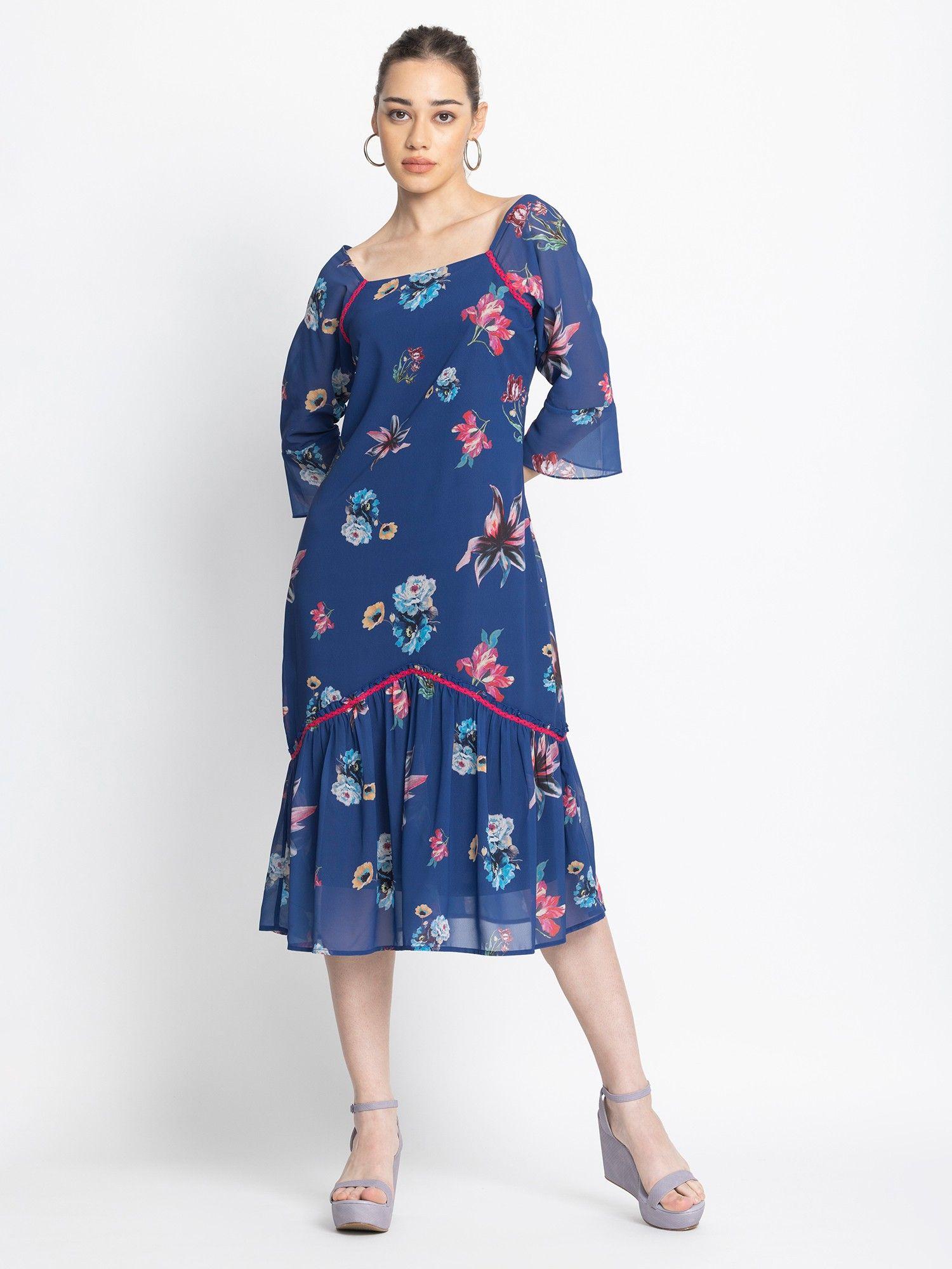 blue and pink floral printed three-quarter sleeves casual dress for women