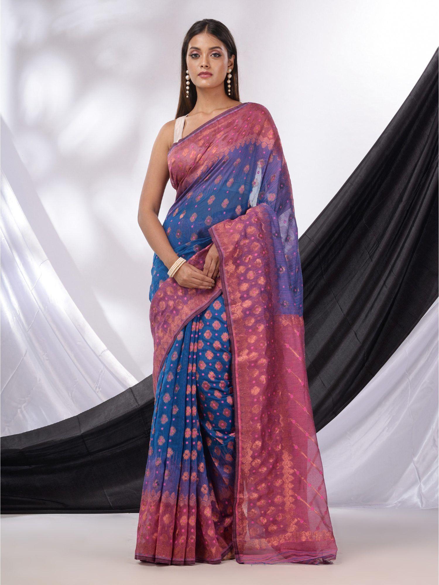 blue and pink handwoven soft jamdhani saree without blouse