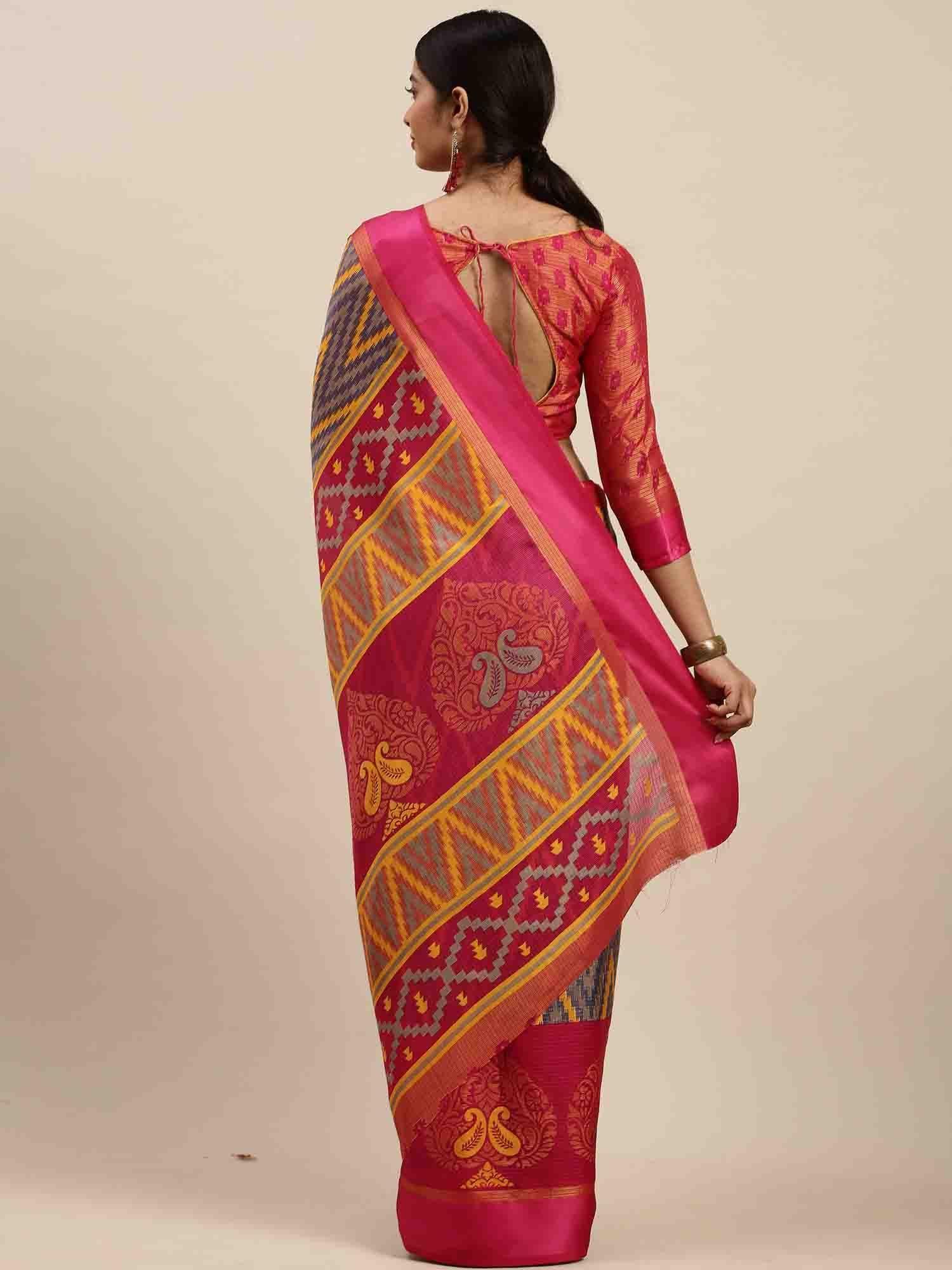 blue and pink kota silk jamdani printed traditional saree with unstitched blouse