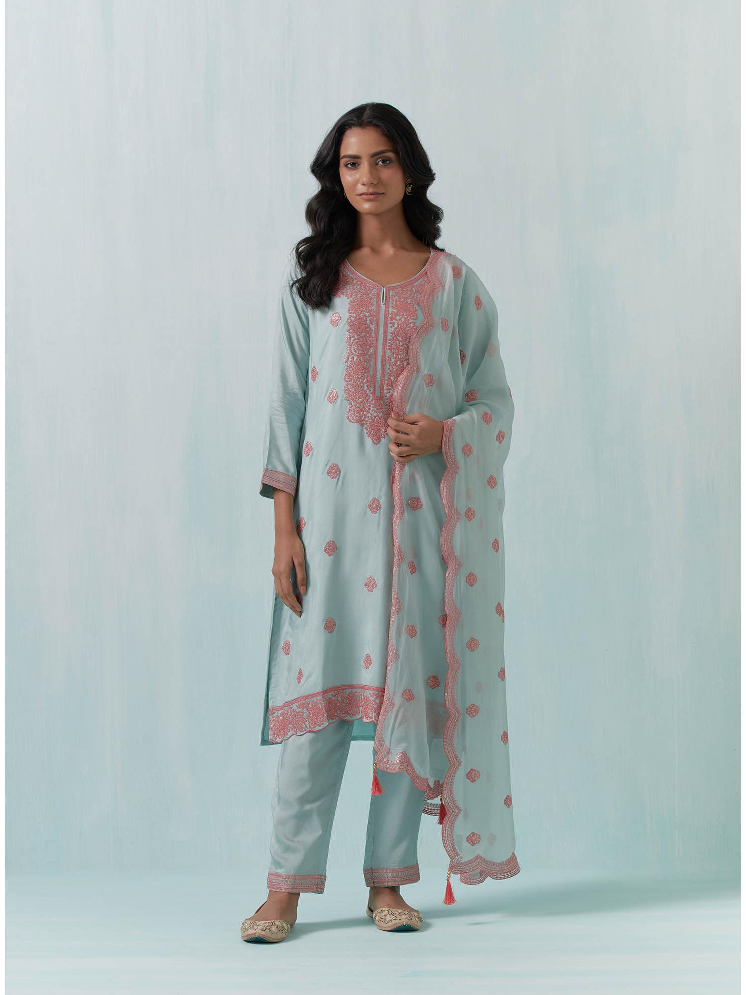 blue and pink kurta and pant (set of 3)