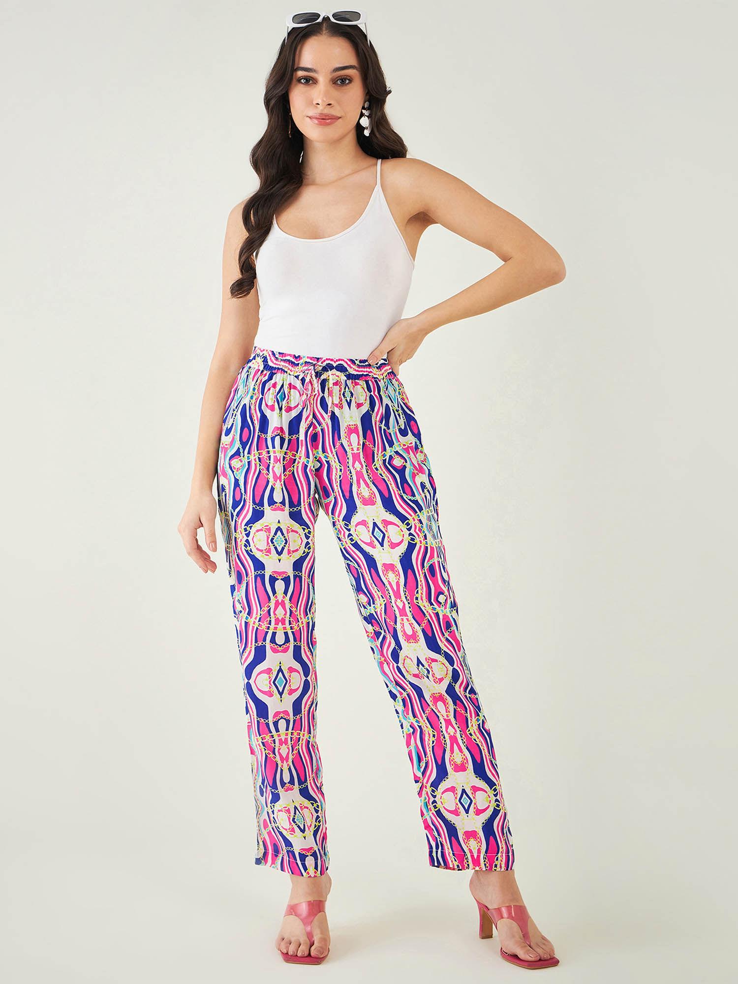 blue and pink marine wave print pant