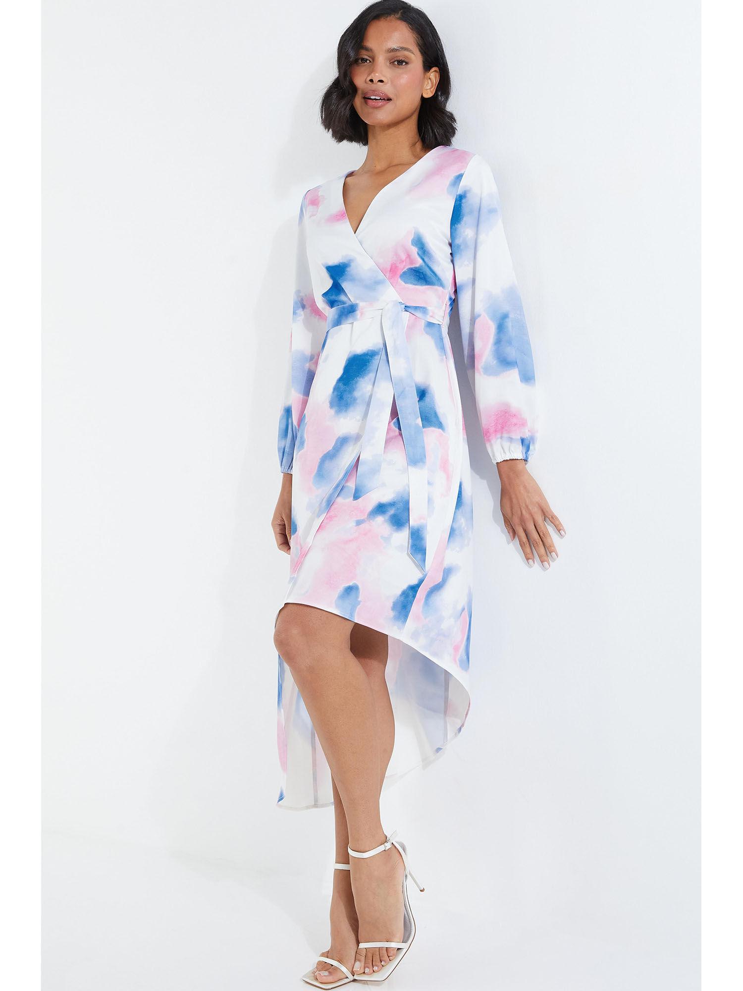 blue and pink stone marble asymmetric long sleeve wrap dress (set of 2)