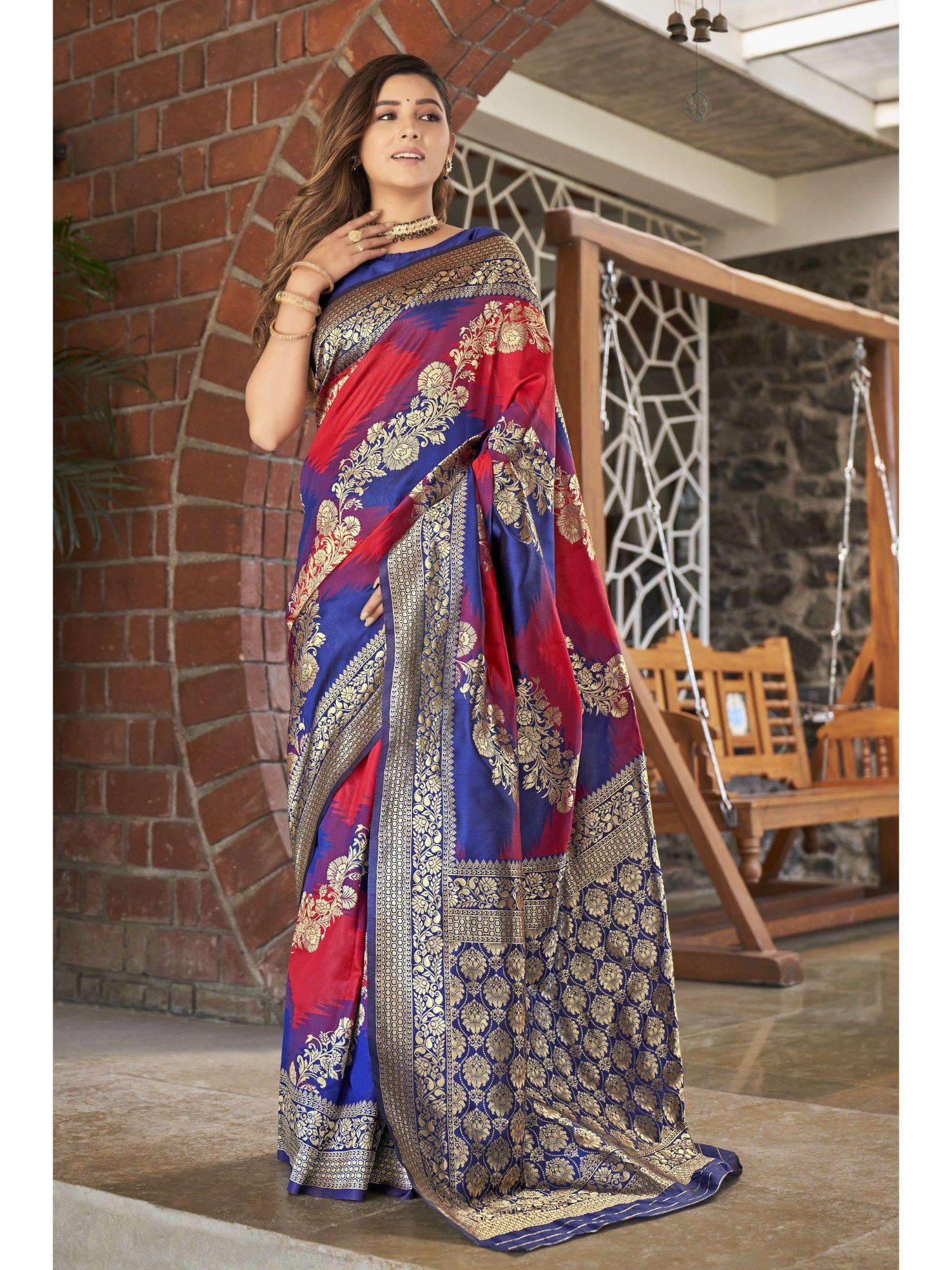 blue and red banarasi silk woven design zari saree with unstitched blouse