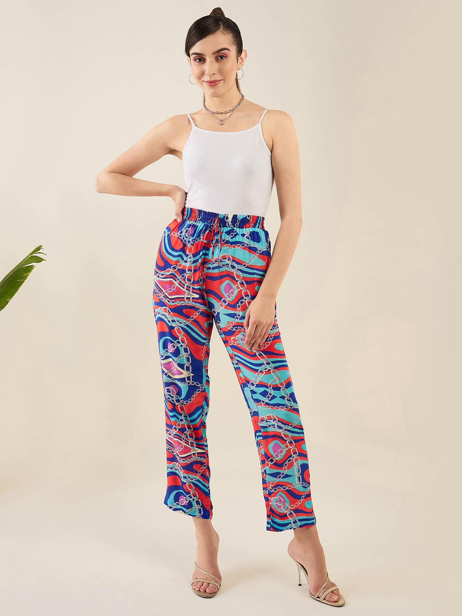 blue and red marine wave print pant