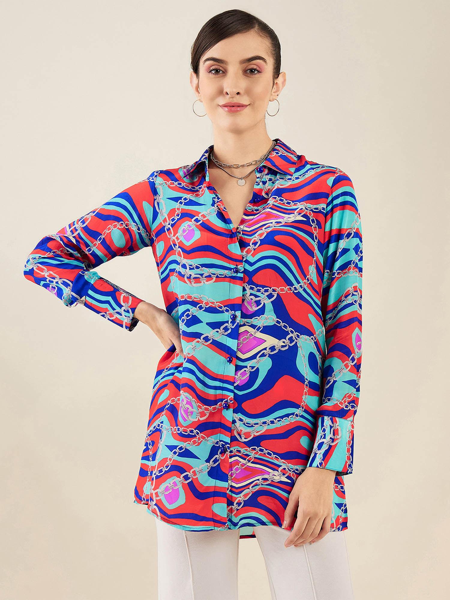 blue and red marine wave print shirt
