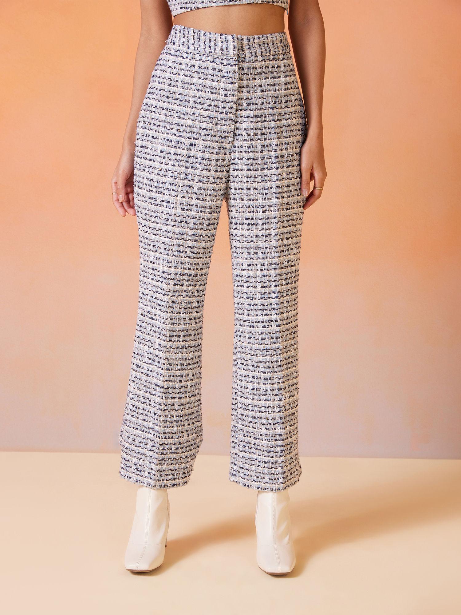 blue and white checked high waist tweed pants